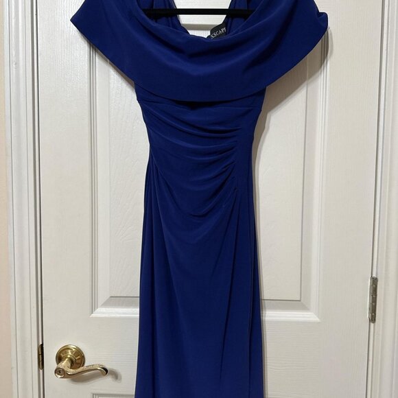 XSCAPE navy blue off the shoulder mermaid dress with ruched detail in the back - Picture 1 of 3